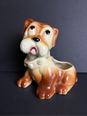 Vintage Kitschy MCM Ceramic Sad Eye Puppy Dog Planter, Brown Boxer/Bulldog